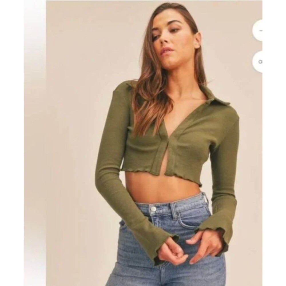 Mable Ribbed Collared Flyaway Crop Top Flare Sleeve 90s Y2K Indie Grunge Size L